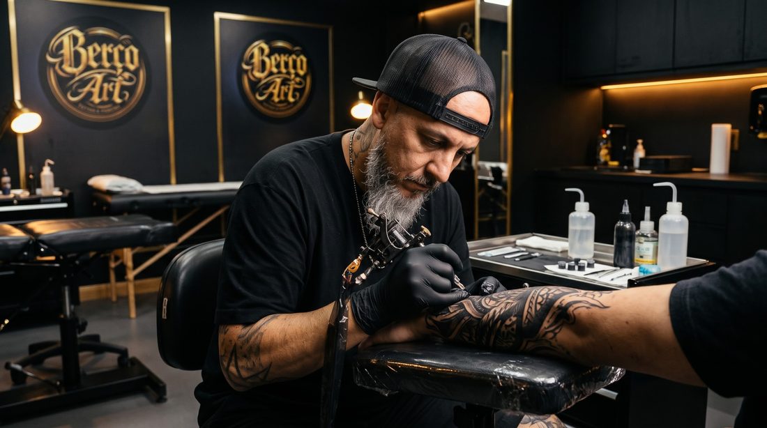 Tatuador da Berço Art a trabalhar numa tatuagem ornamental no antebraço de um cliente, no estúdio preto e dourado