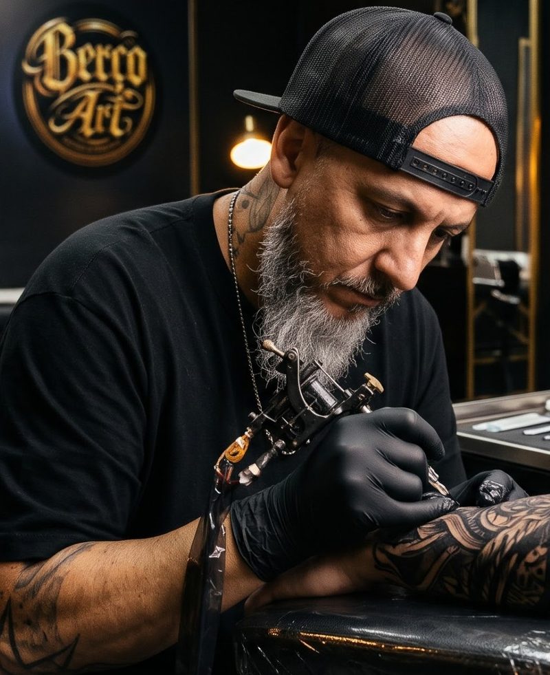 Tatuador concentrado a tatuar, com o logótipo Berço Art na parede