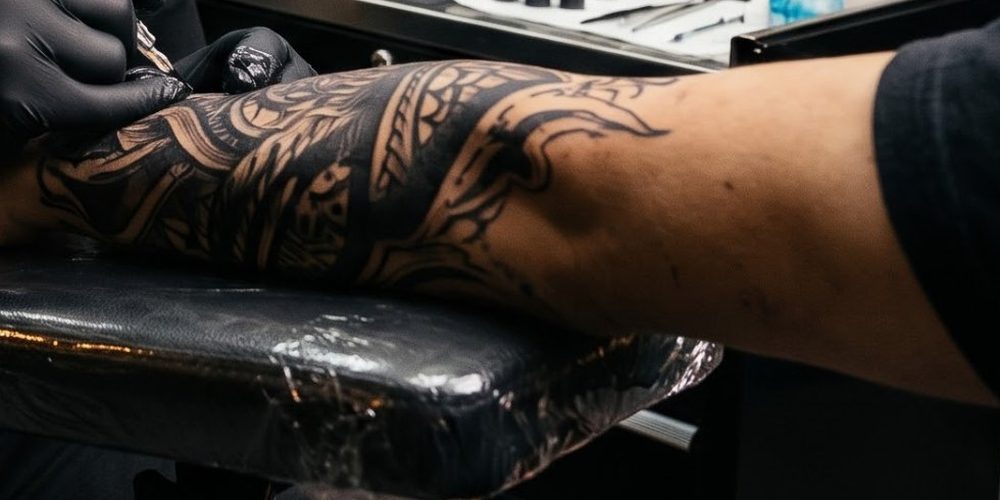 Pormenor de uma manga ornamental a preto no antebraço